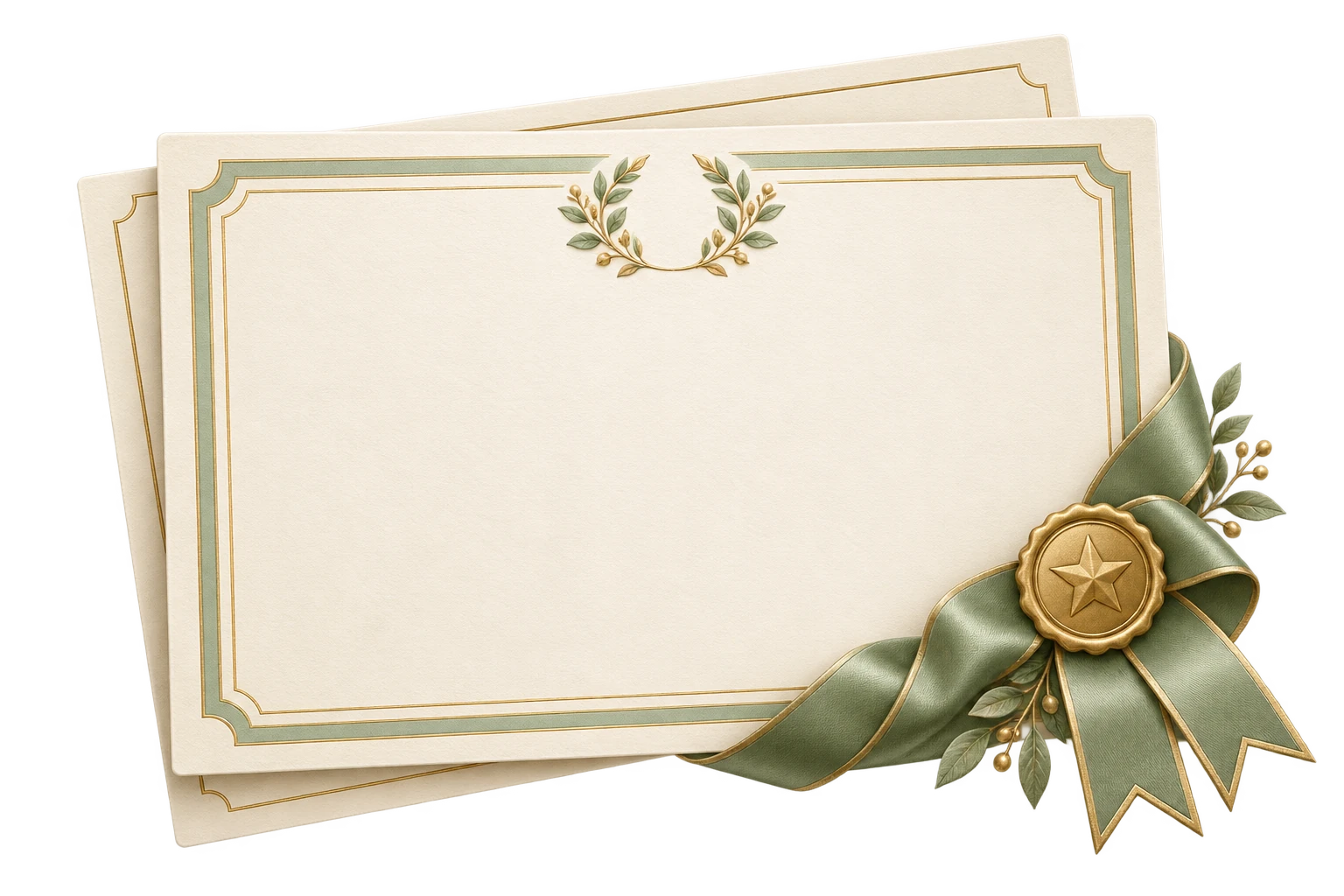 Ivory certificates with a delicate sage and gold border, botanical laurel and a silk award ribbon