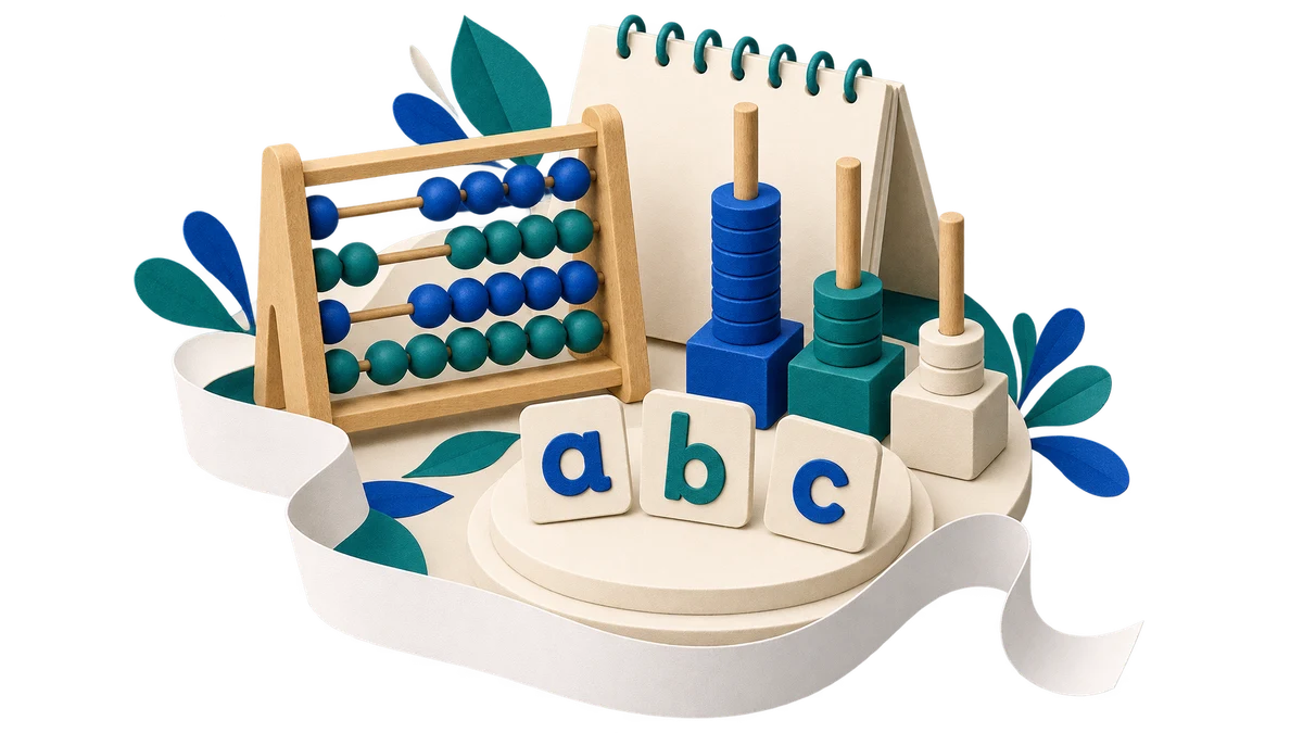 Boulier, jetons de numération et lettres disposés sur une table