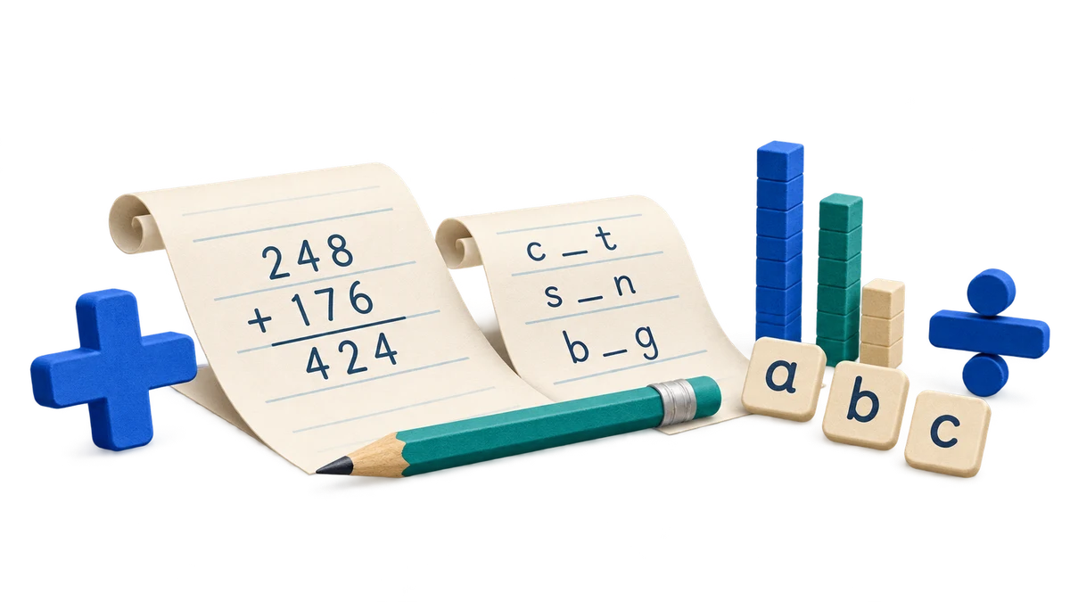 Fiches d’exercices, symboles mathématiques, réglettes et lettres