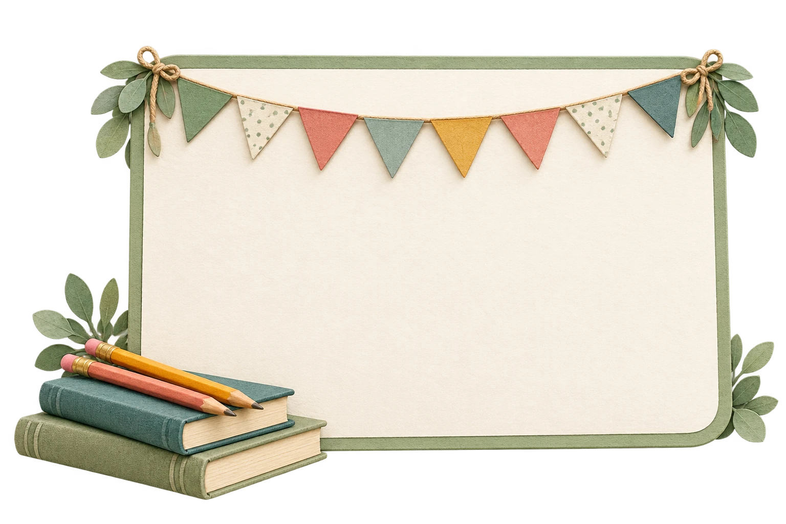 Ivory school photo sign with delicate paper bunting, wooden pencils and softly colored books