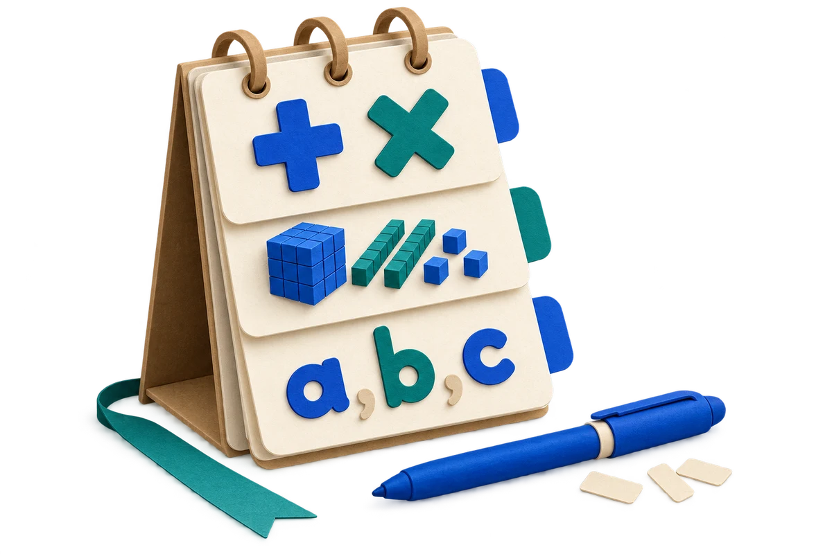 An upright tabbed activity catalogue with operation symbols, place-value cubes and alphabet letters
