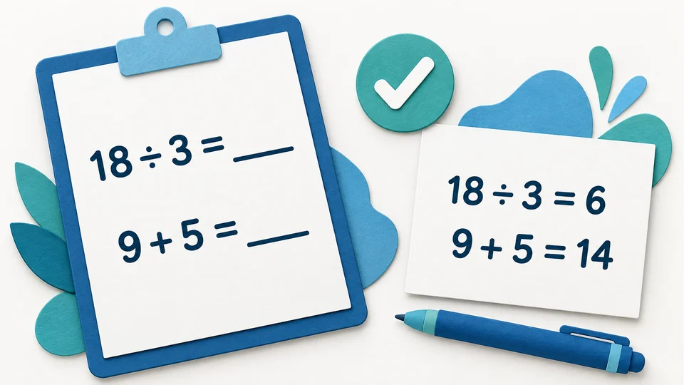 Illustrated matching answers: 18 ÷ 3 = 6 and 9 + 5 = 14