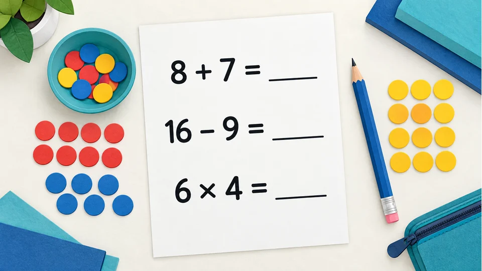 Illustrated student equations: 8 + 7, 16 − 9 and 6 × 4
