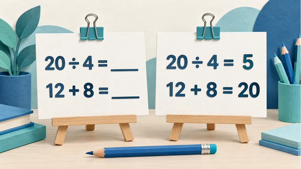 两张对应卡片插画：20÷4＝5、12＋8＝20