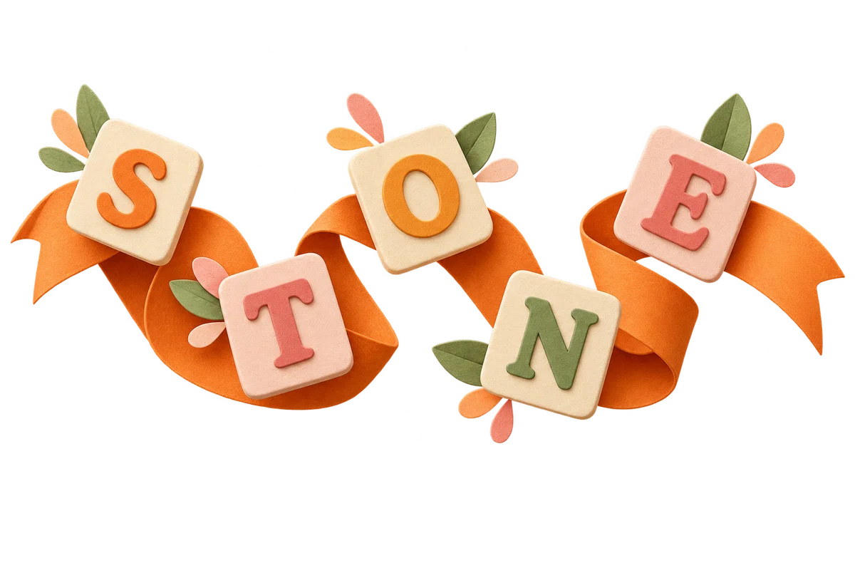 Individual STONE letter tiles arranged along a folded orange paper ribbon