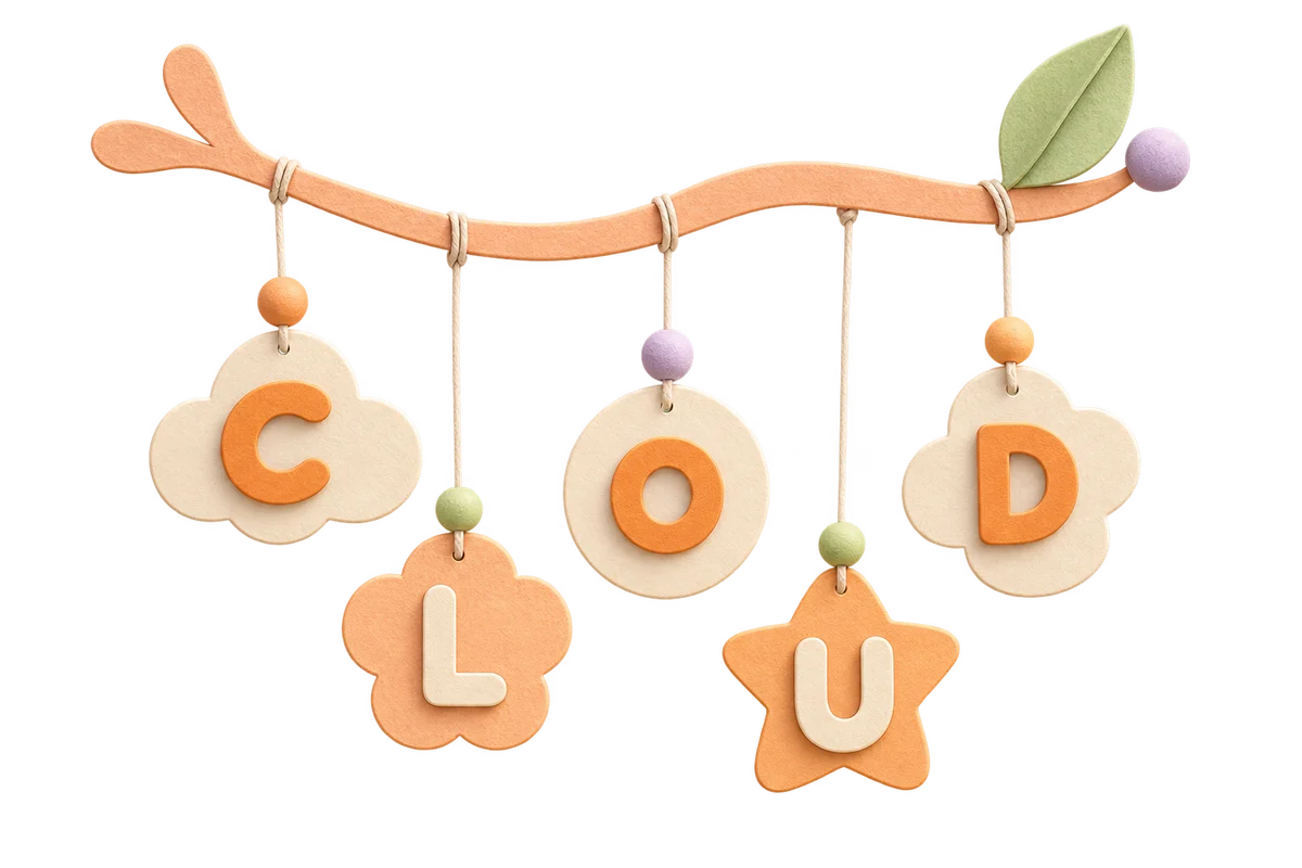 CLOUD 的五个字母分别悬挂在浅橘色纸艺树枝上