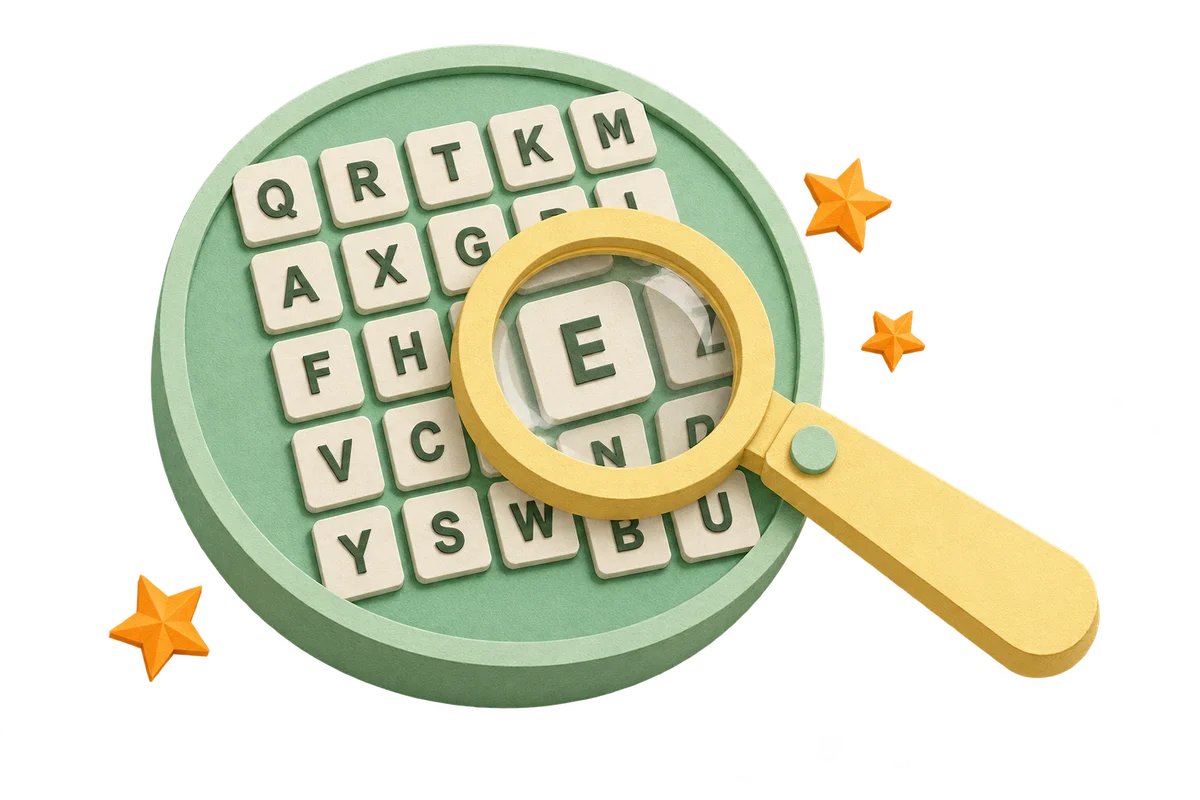 A yellow magnifying glass over a round mint board of individual letter tiles