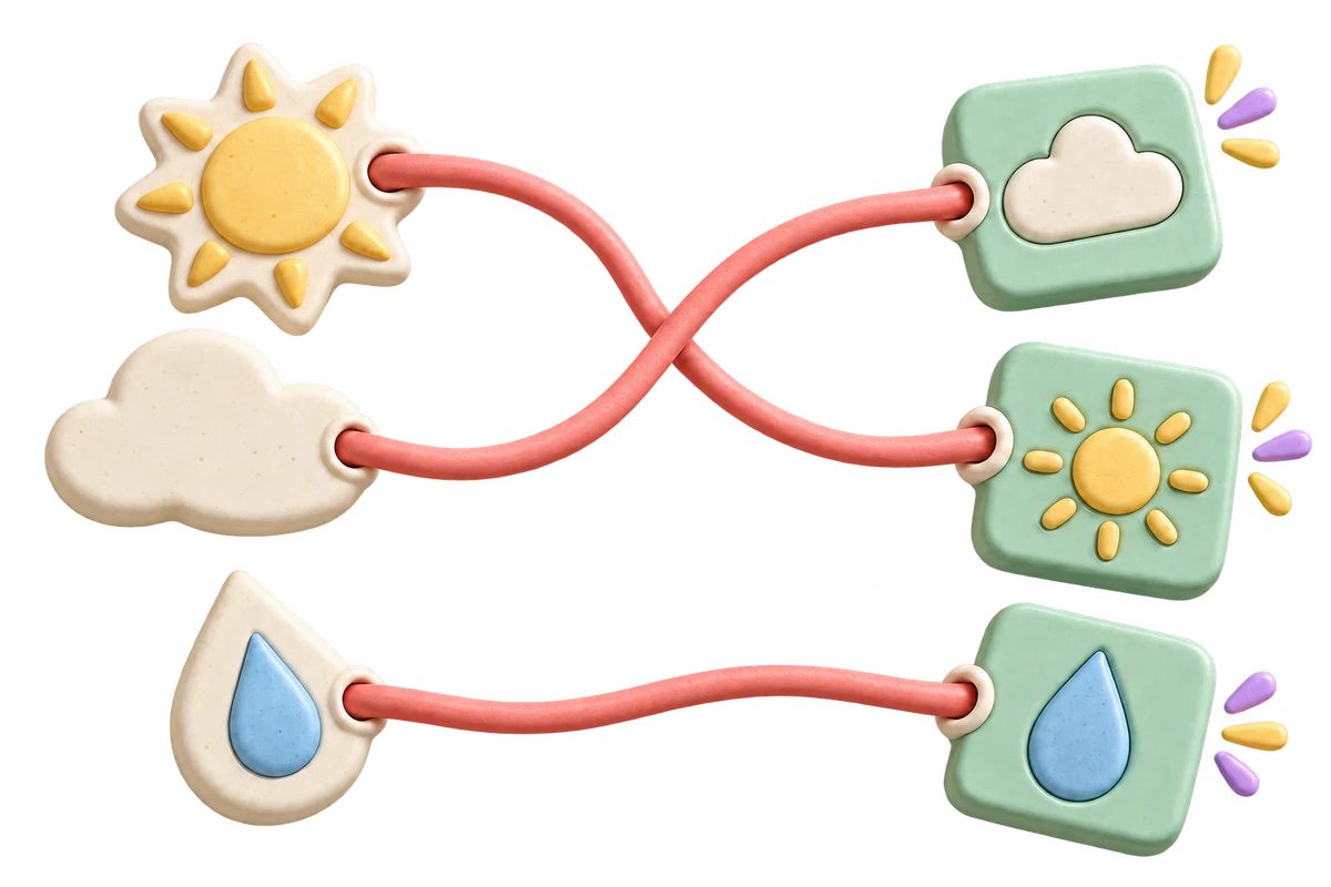 Pastel ceramic weather shapes linked to corresponding shapes by coral cords