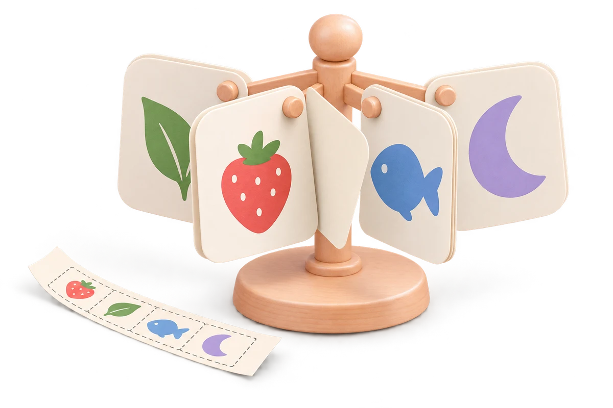 A peach rotating stand displays illustrated paper cards, including a half-turned card