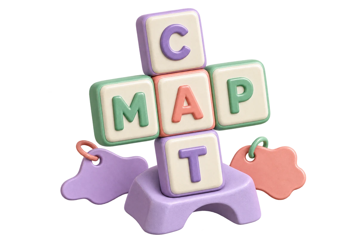 Five pastel ceramic tiles form MAP across and CAT down, sharing the central A