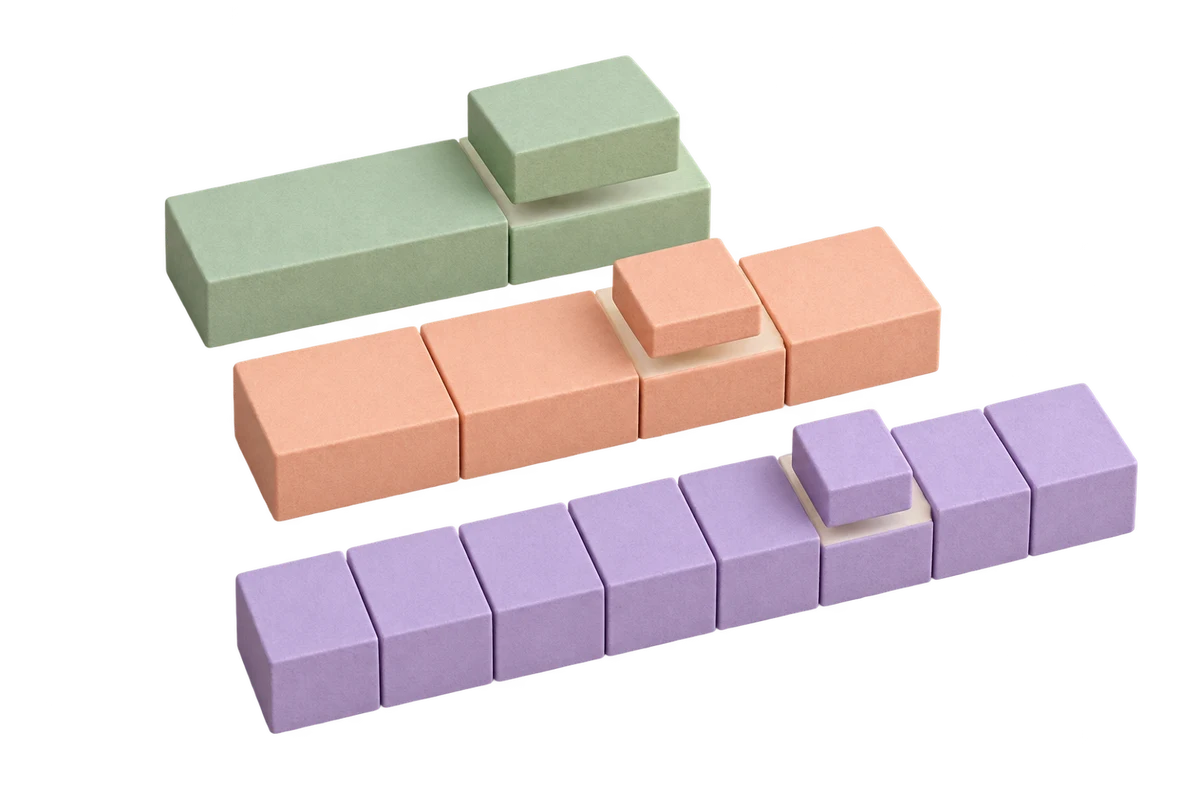 Pastel modular paper bars show a whole divided into halves, quarters and eighths