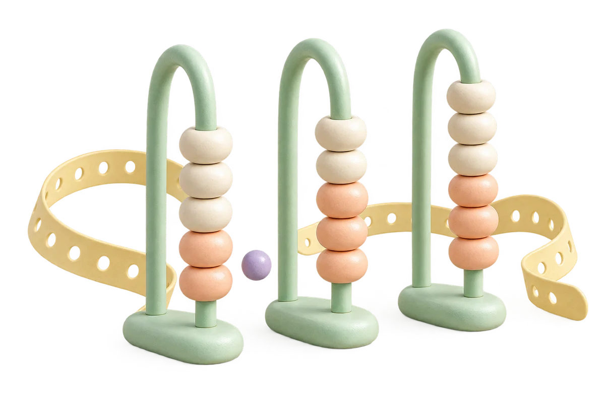 Pastel sculptural place-value abacus with a floating decimal bead
