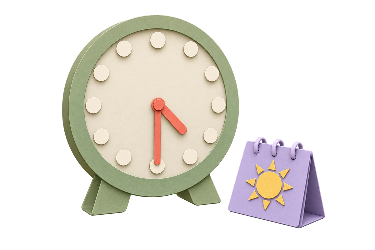 A sage paper clock and a lavender sun calendar leaf