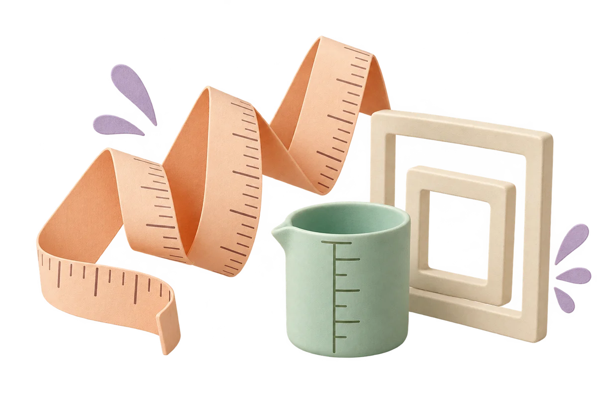 An open measuring ribbon, graduated vessel and nested area shapes