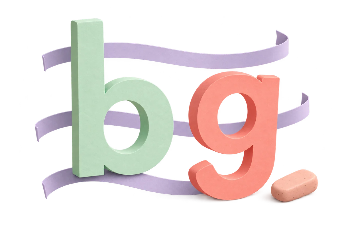 Mint b and coral g paper letters with open reference ribbons