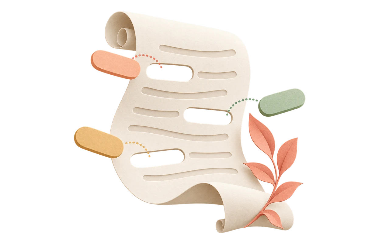 An open paper scroll with floating inserts beside selected gaps