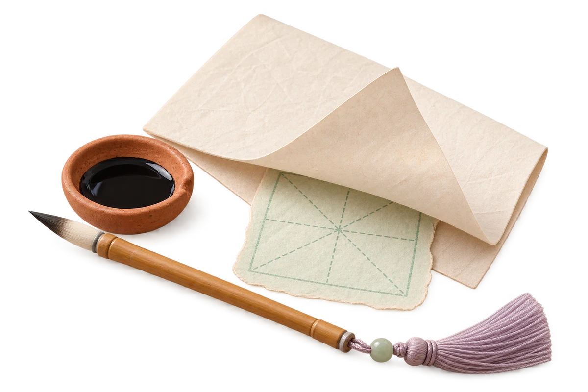 Ink dish, brush and lifted tracing paper over a mint guide swatch