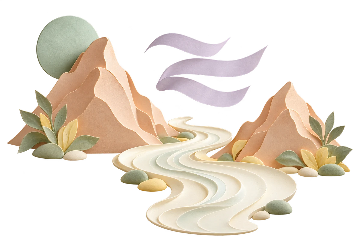 Peach paper mountains beside an ivory river, with floating lilac verse strips