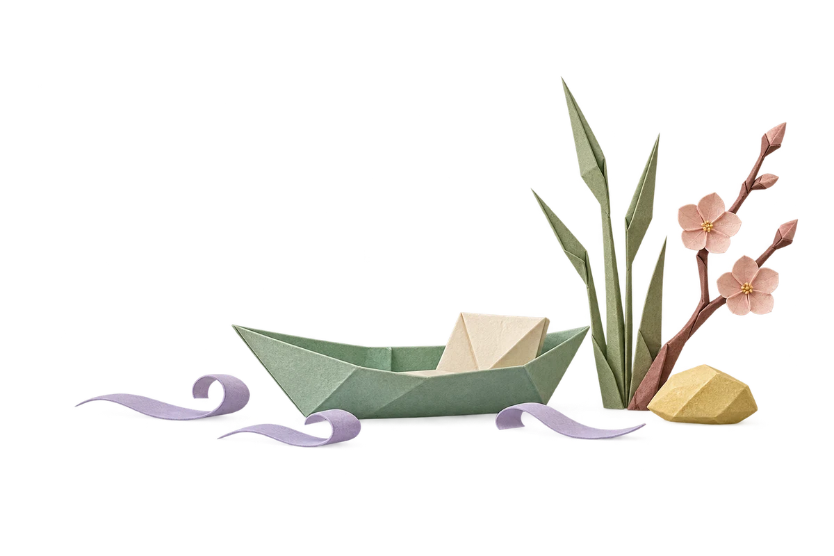 薄荷绿纸船、芦苇和桃色梅花，旁边有浅紫色纸质水纹