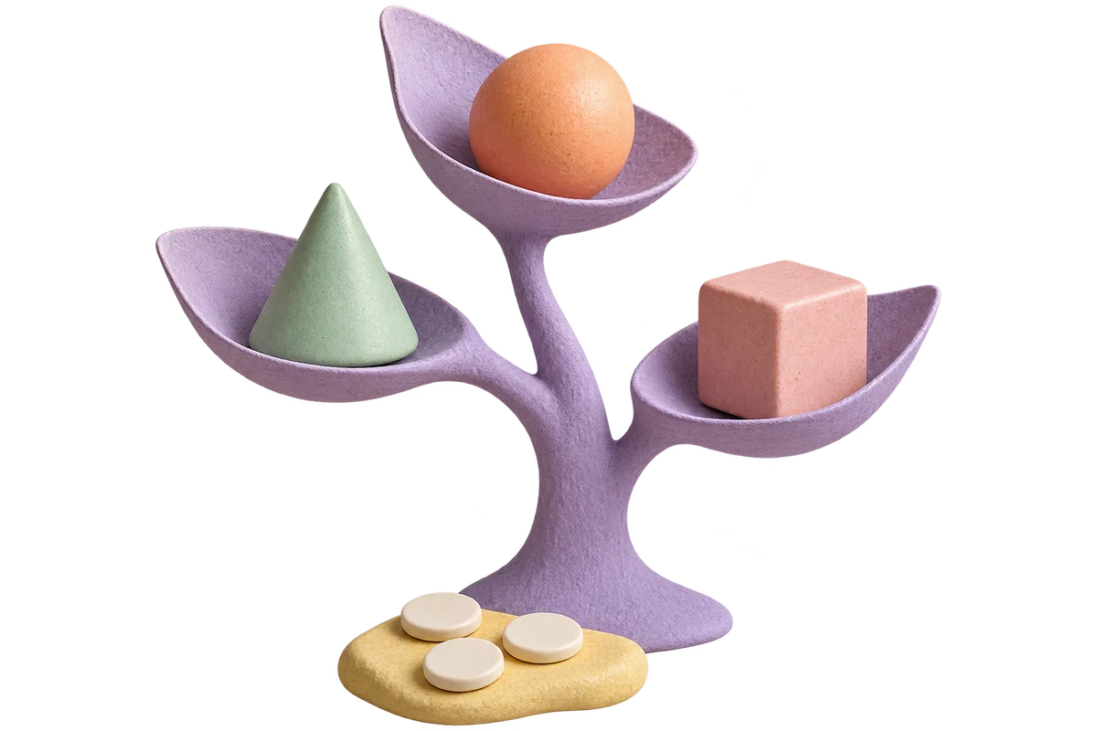Lilac branching sculpture holding an apricot sphere, mint cone and blush cube