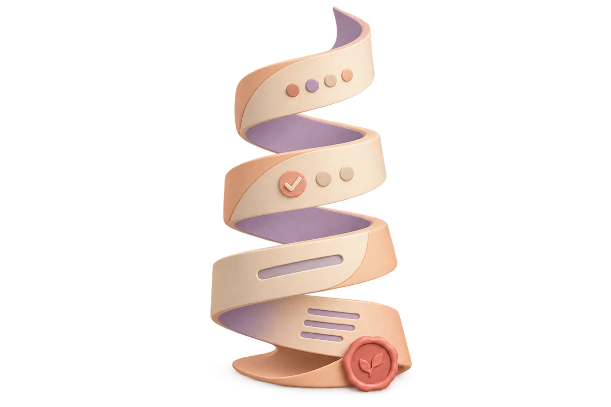 An apricot spiral paper sculpture with different quiz response marks and a coral seal