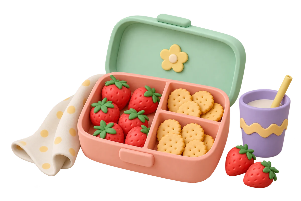 A peach lunchbox with grouped strawberries and crackers, mint lid and lilac cup