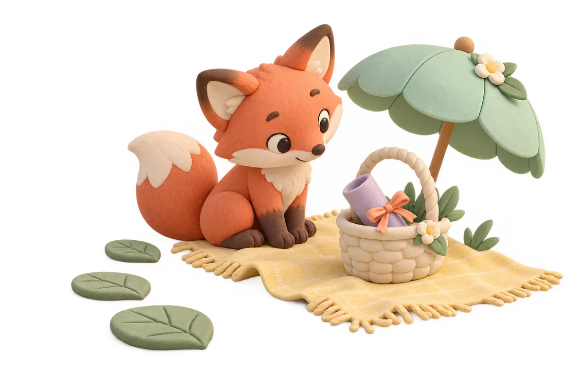 A coral fox beside a yellow picnic blanket, mint umbrella and basket with a rolled note