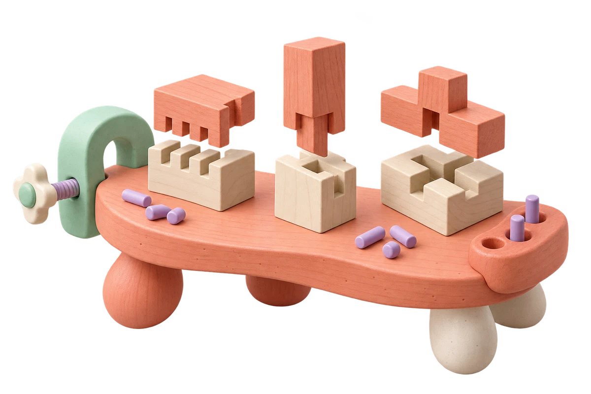 Coral and ivory miniature joinery pieces, a mint clamp and lilac dowels on a sculptural bench