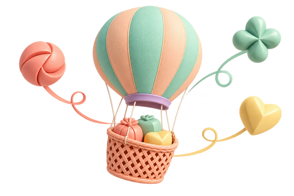 A mint and apricot hot-air balloon carrying pastel parcels with matching floating shapes