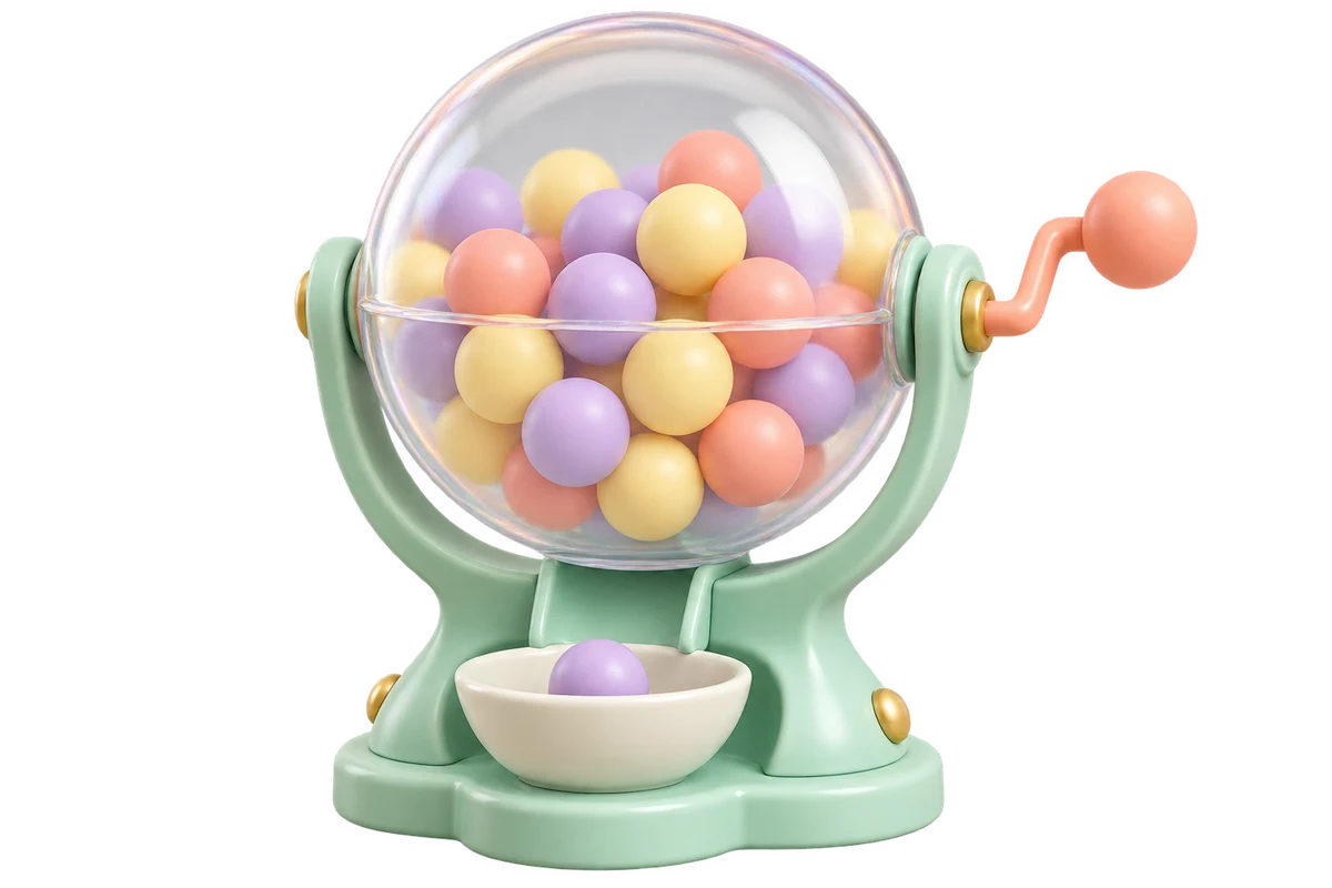 A transparent classroom tombola with pastel balls, mint stand and collection cup
