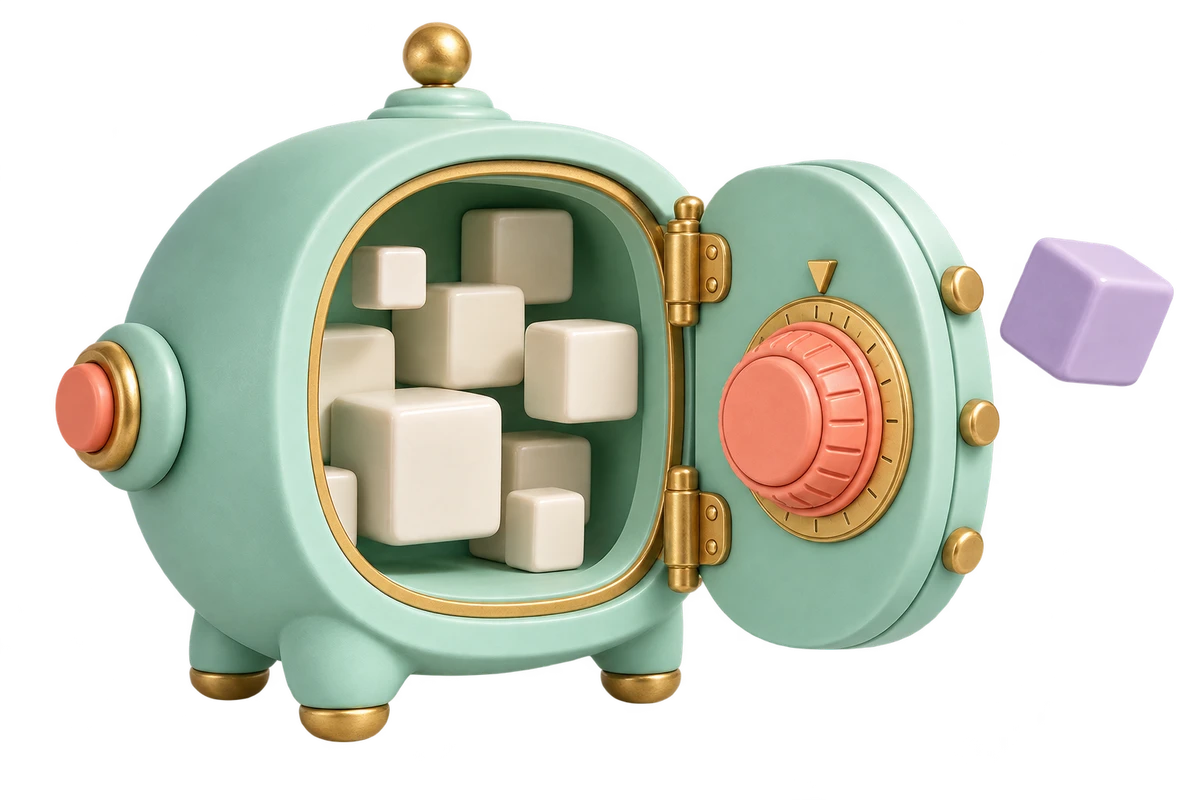 A mint combination safe with a coral dial, ivory cubes and a floating lavender cube