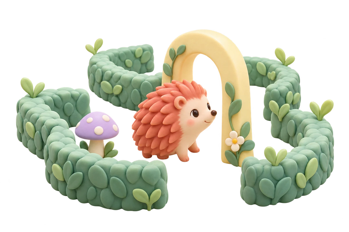 A coral ceramic hedgehog among freestanding mint hedges and a yellow doorway