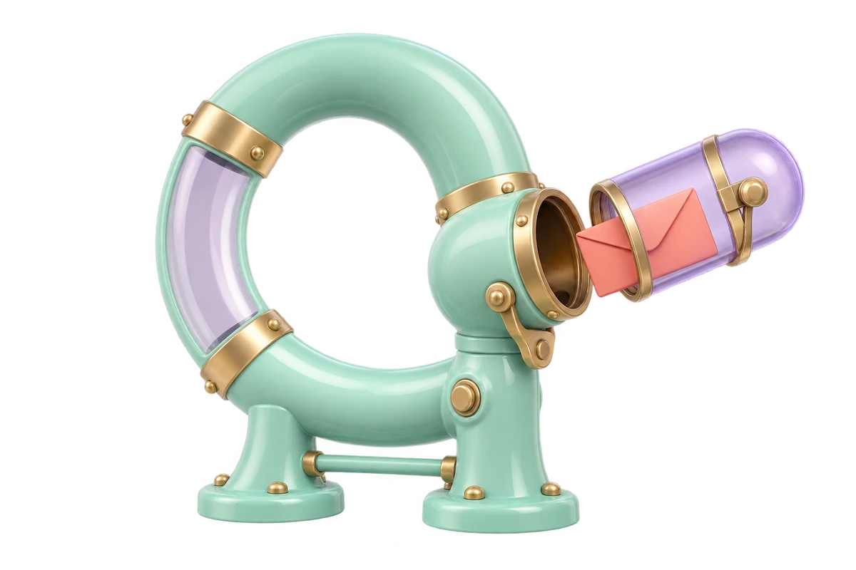 A mint pneumatic delivery tube with a clear capsule carrying a small envelope