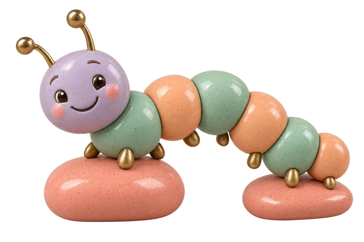 A playful ceramic caterpillar with alternating pastel body segments