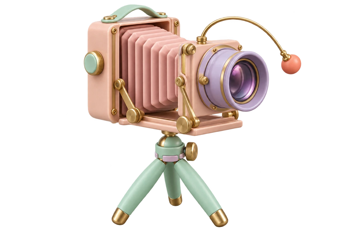 A peach bellows camera on a mint tripod, arranged as a playful studio object