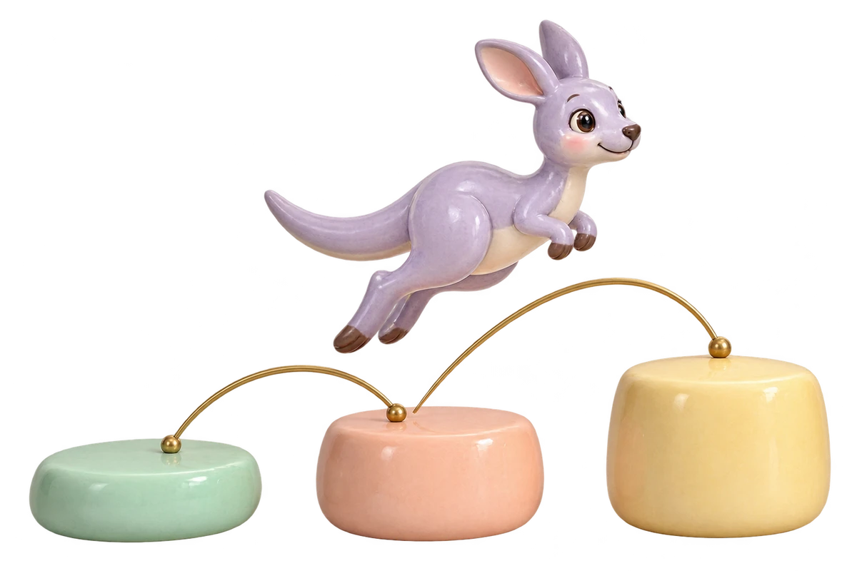 A lavender ceramic kangaroo leaping across three pastel stepping platforms