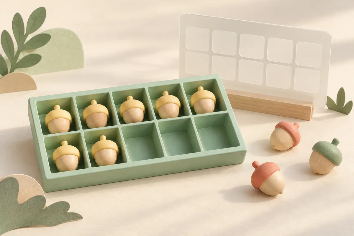 Decorative mint ten-frame tray with cream wooden acorns and a translucent counting panel
