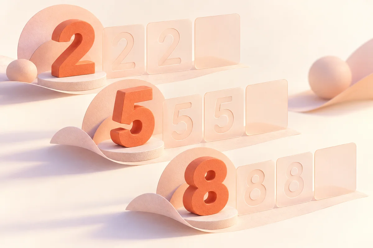 Coral three-dimensional numerals 2, 5 and 8 with translucent practice panels