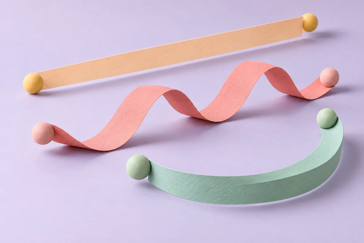 Apricot straight paper ribbon, pink wave and mint curved ribbon with bead endpoints on a pale lilac surface