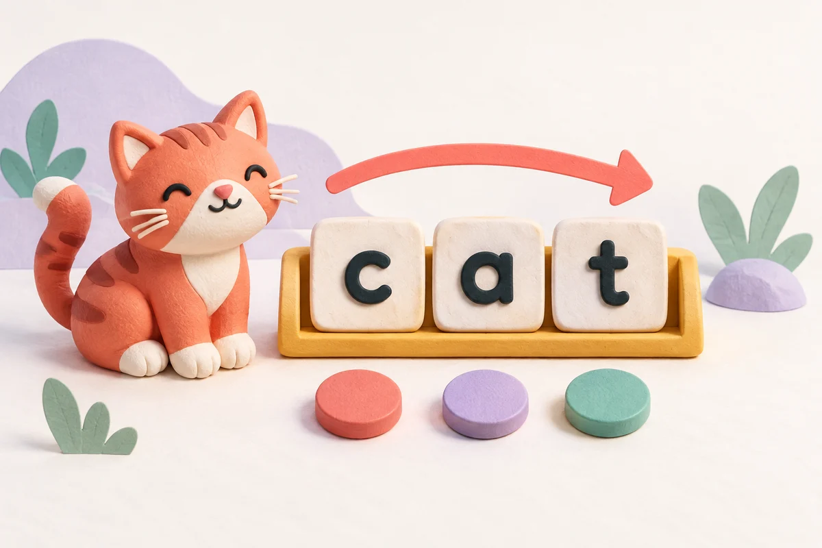 A warm lilac phonics scene with a small cat, separate letter tiles and three sound counters