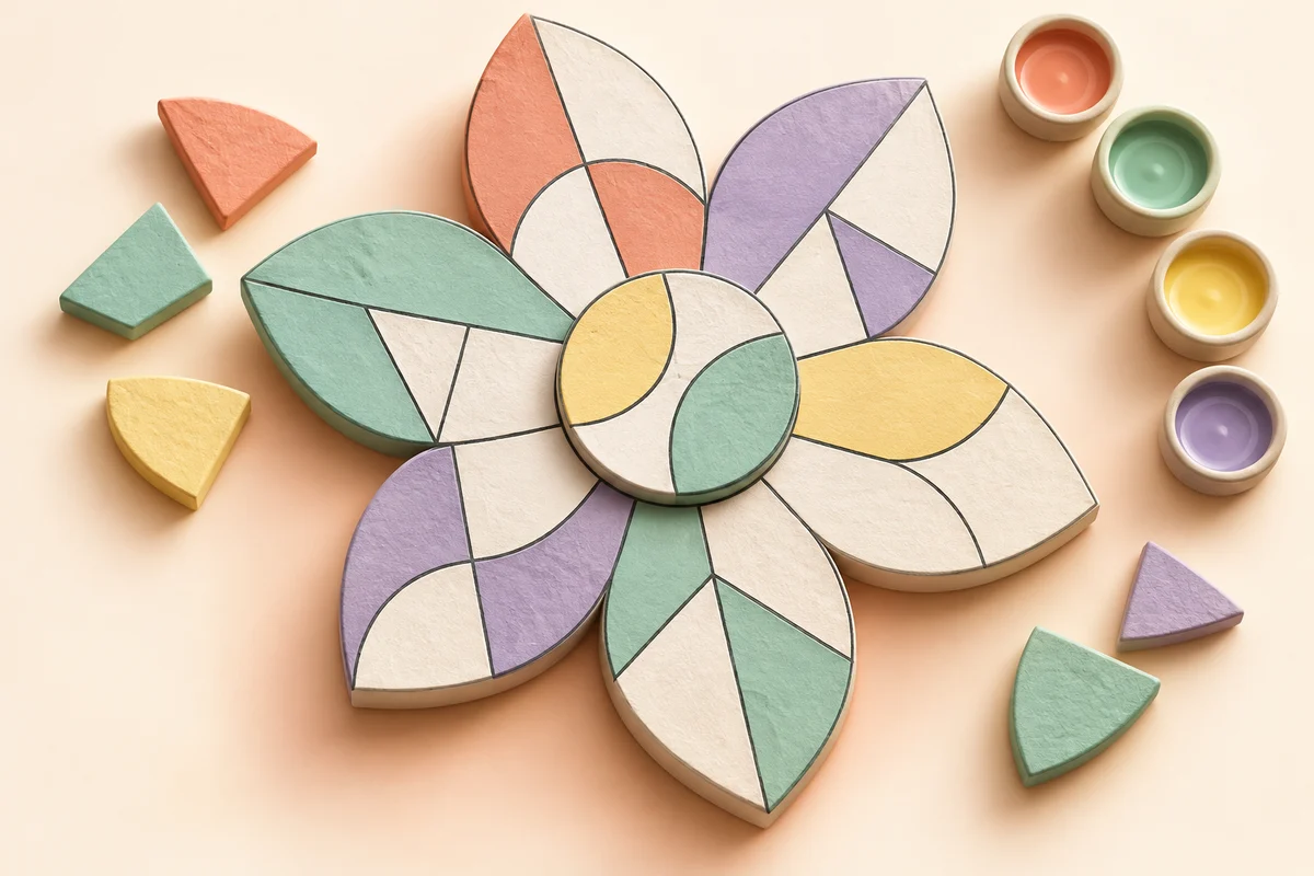 Decorative pastel geometric coloring pieces arranged as an open flower composition