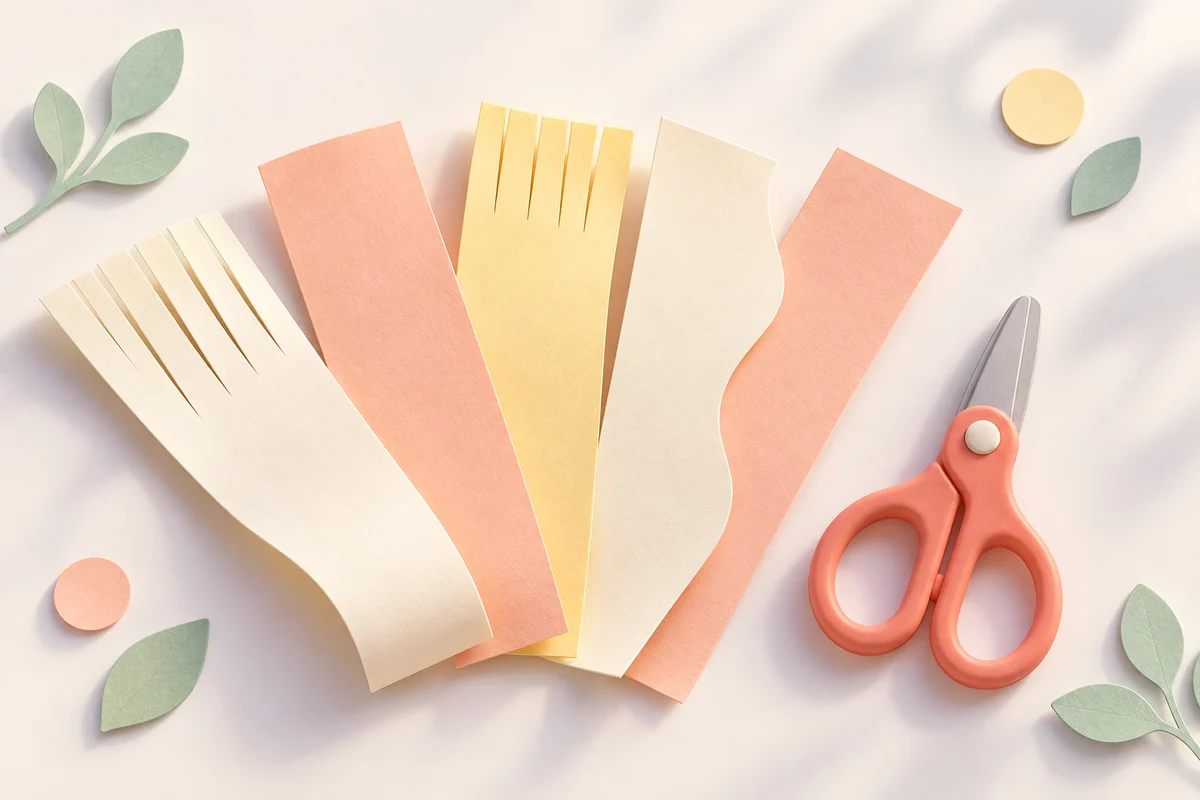 Coral scissors beside a fan of peach and yellow paper strips, with mint offcuts on a warm lilac surface