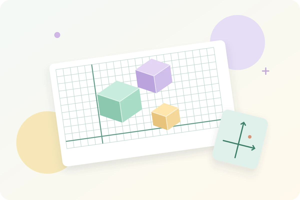 Mint geometric blocks resting above a square grid beside a separate coordinate tile