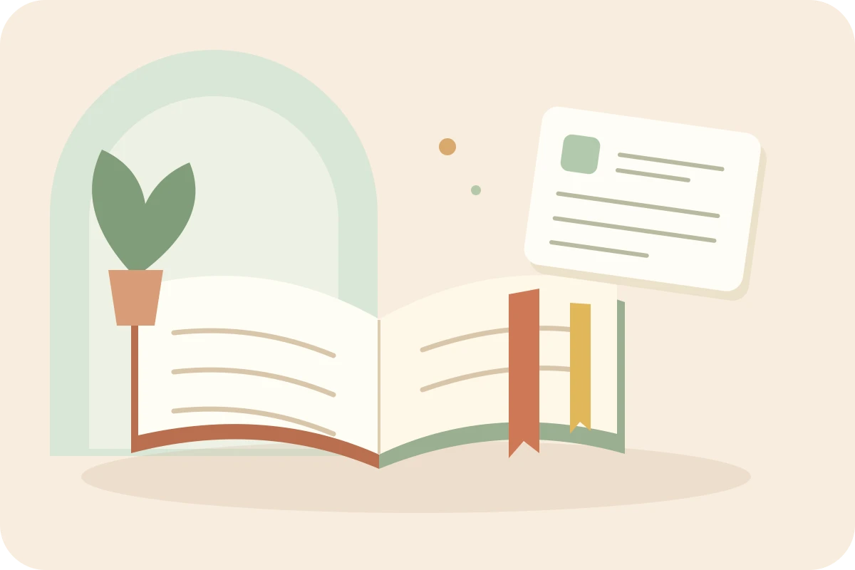 Warm reading corner with an open book, sage bookmarks and a separate record card