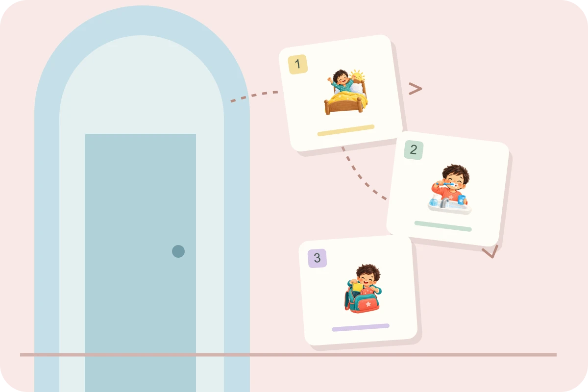 Doorway routine cards with a sun, toothbrush and backpack on blush and sky blue