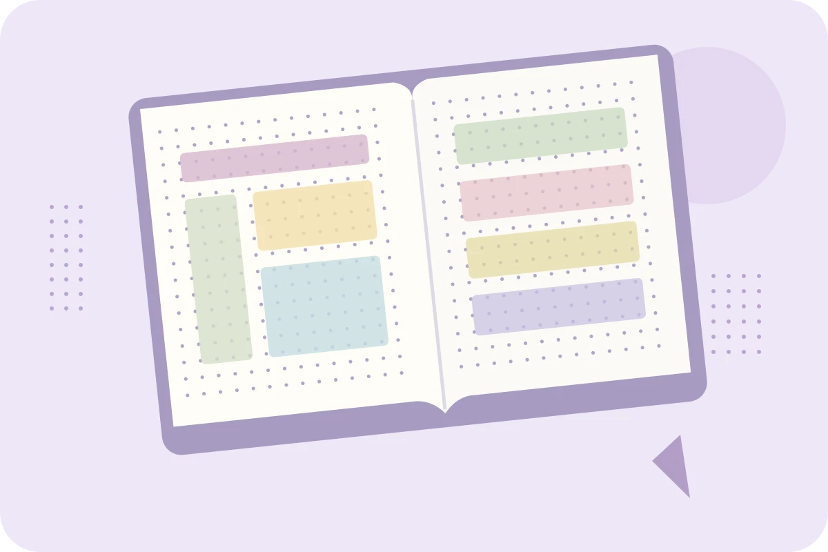 Open lavender journal with translucent colour strips and outward drifting dots