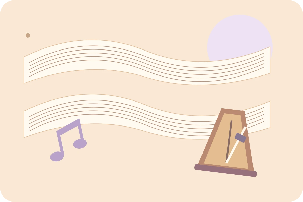 Apricot manuscript ribbons beside a wooden metronome and a lavender music shape