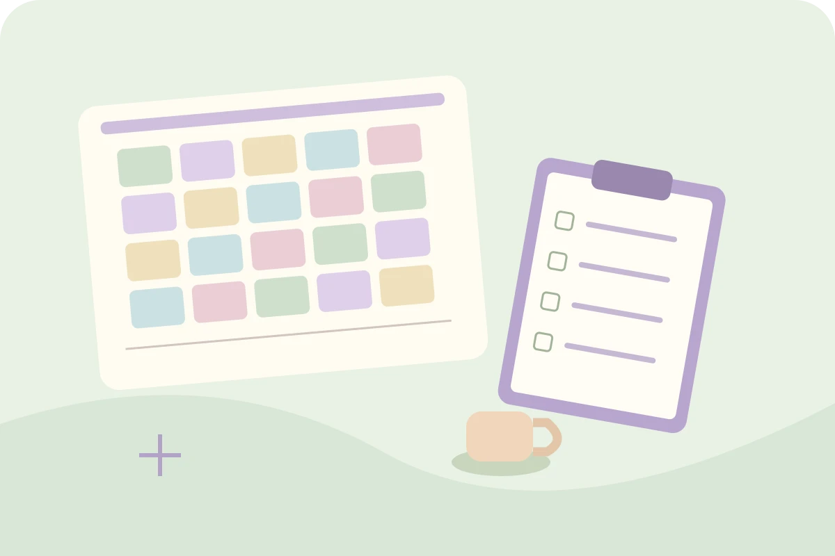 Mint and lavender teacher desk with translucent weekly tiles and a materials checklist
